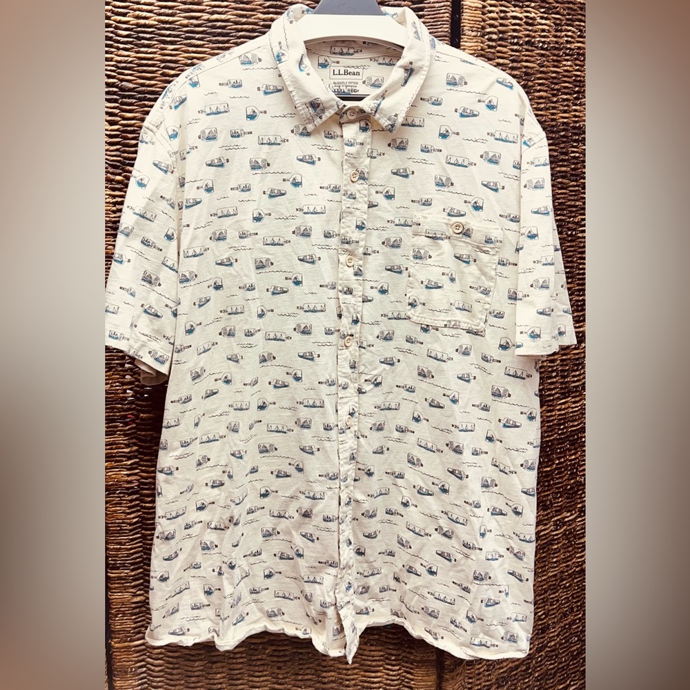 L.L. Bean, Slightly Fitted, Size:XXXL Reg,‎ Ships in a bottle, Cream Button Up